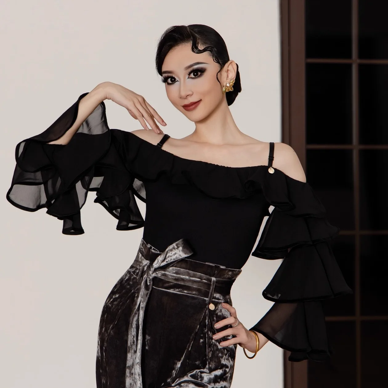 Roupas de dança moderna sexy malha fora do ombro plissado topo chacha tango valsa latina trajes prática dança de salão usar dn22223