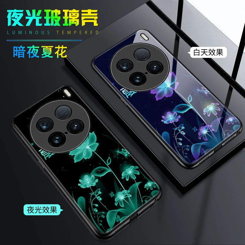 Luminous Tempered Glass Phone Case For vivo X100 Ultra Case Flower Butterfly Glowing Dark Back Cover For vivo X100 Ultra Cover