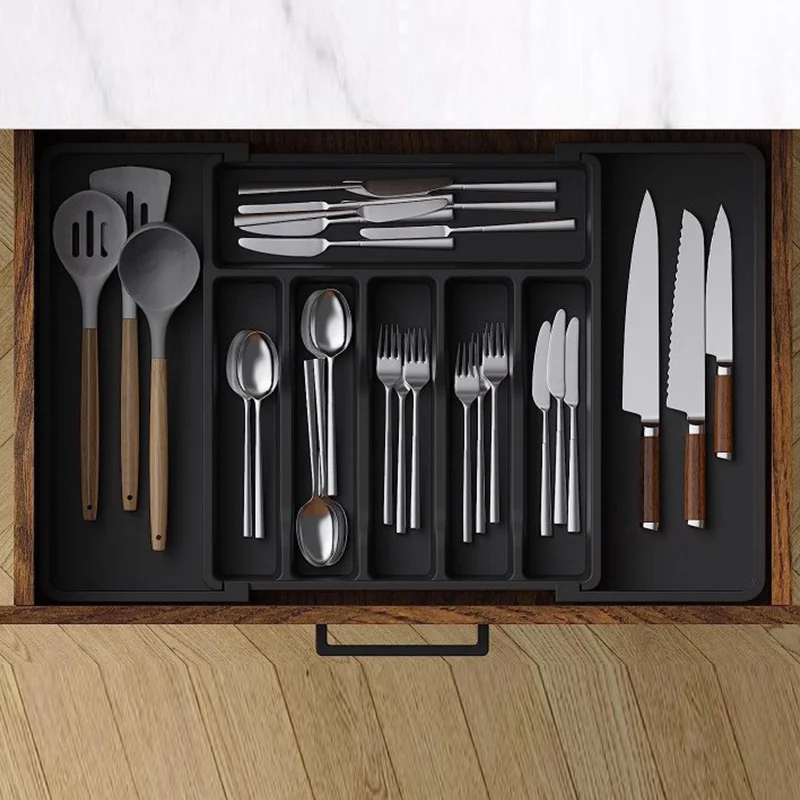 

Adjustable Plastic Storage Kitchen Organizer Tray Flatware Tableware Organizer Dividers Utensil Holder Tray Kitchen Counter