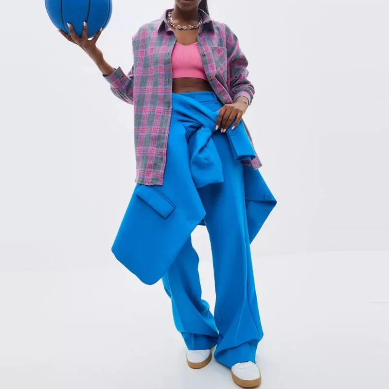 エレガントな女性用長袖ラペル通勤シャツ、レジャーポケット付きチェック柄プリントレディースブラウス、新作秋シングルブレストレトロコート