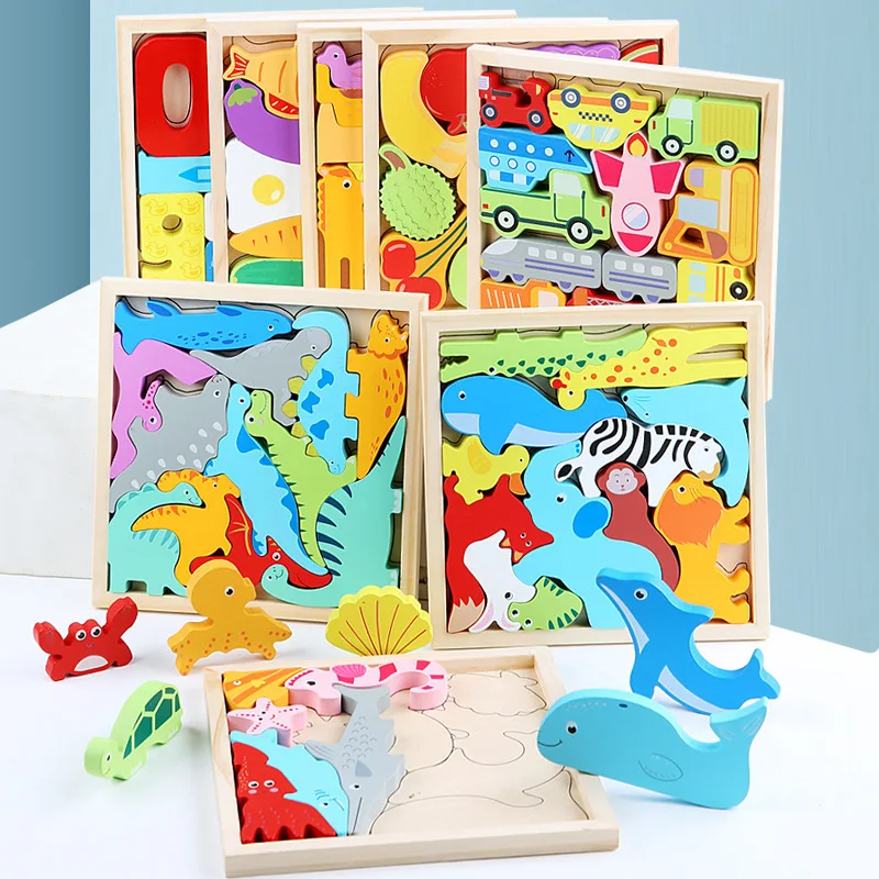 

Children Montessori Wooden Toys Block Cartoon Animal Three-dimensional Jigsaw Puzzle Early Education Grab Board 3d Puzzle Toys