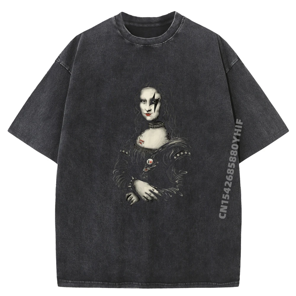 

Gothic Mona Lisa Funny Punk White Graphic Tee Comfortable Washed T-Shirt Vintage Printed Tops Gothic Style