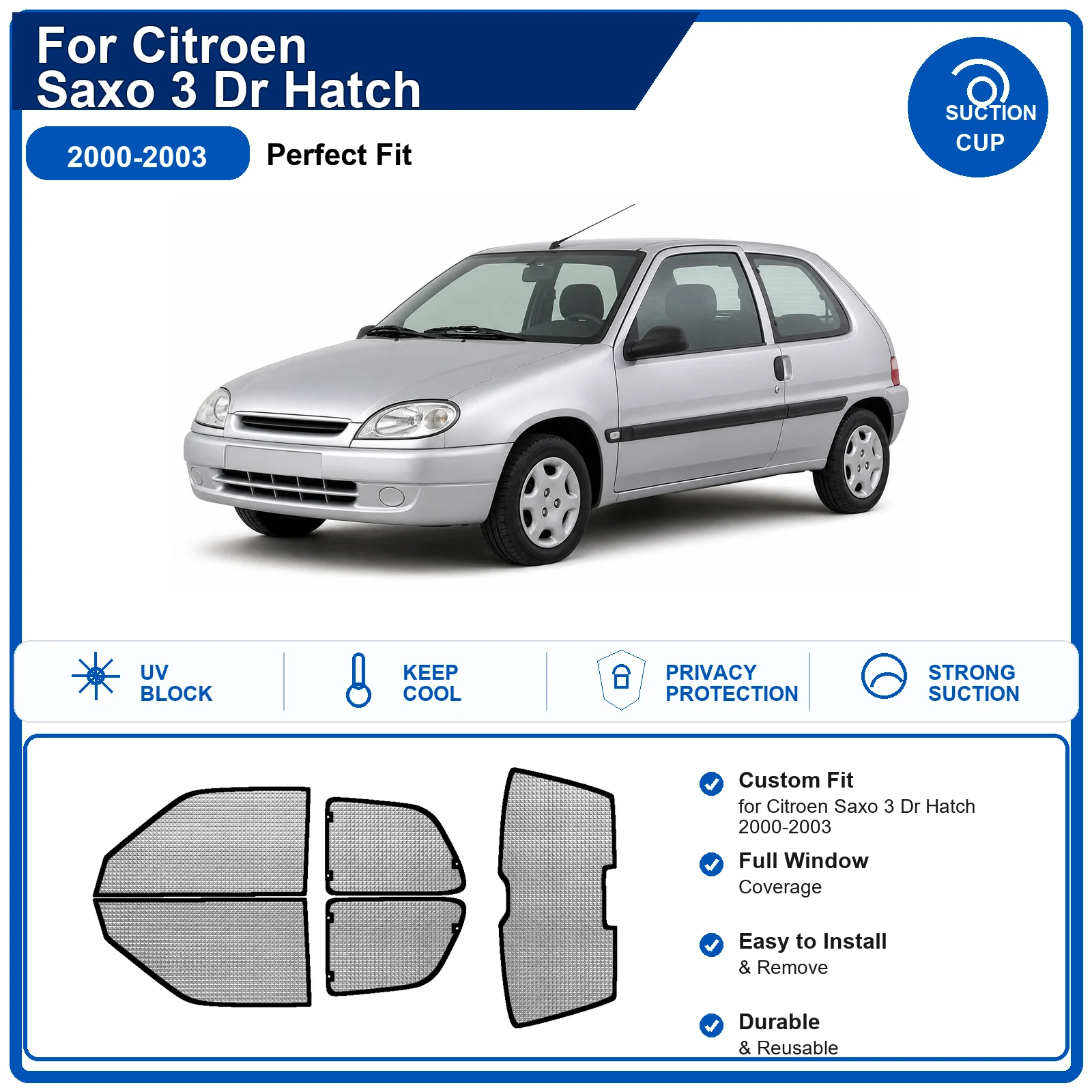 For Citroen Saxo 3 Dr Hatch 2000-2003 Custom Full Set Windshield Sun Shade Aluminum Foil Heat Insulation Anti UV Foldable