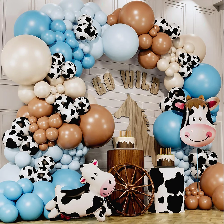 Western Cowboy Ballonbogen-Set Blau Braun Sand Weiß Kuhmuster Latexballons für Bauernhof-Baby-Shower Geburtstagsfeier-Dekorationen