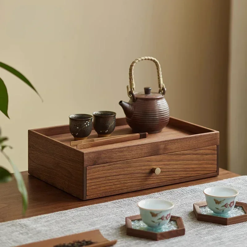 

Black Walnut Solid Wood Office Desktop Storage Box with Drawer Cosmetics Jewelry Tea Cake Storage Box