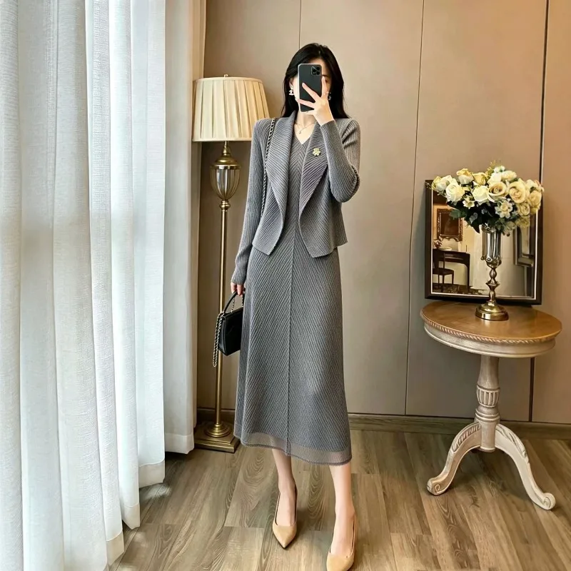 Miyake Pleated Skirt Set Women 2026 Autumn New Plus Size Autumn Suit Collar Fold Cardigan+Slim Long Skirt 2-Piece Pleats Dress