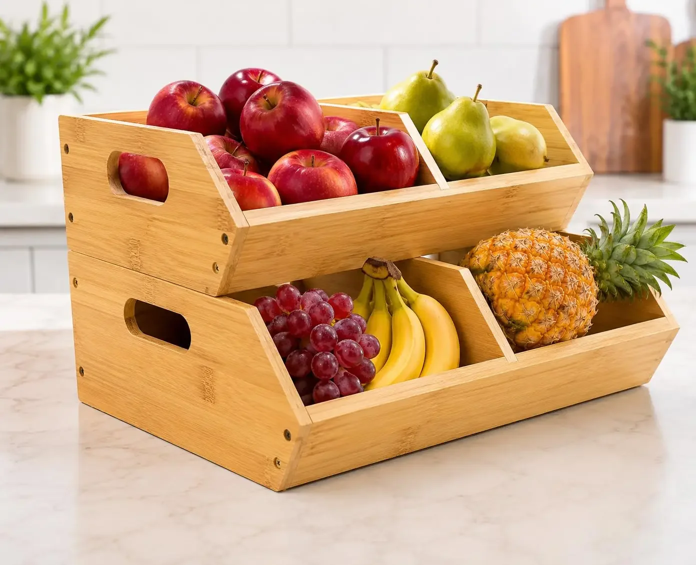 3Pcs Bamboo Stackable Potato Onion Storage Bins Ventilated Kitchen Pantry Countertop Organizer Boxes with Handles Wooden Fruit Vegetable Basket Bulk Food Container Cabinet Space Saver