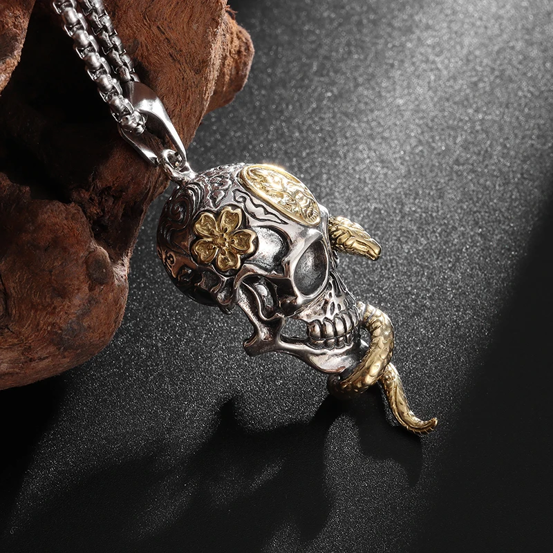 Vintage Gothic Snake Coiled Demon Skull Pendant Necklace for Men Boys Hip Hop Rock Party Jewelry Gift