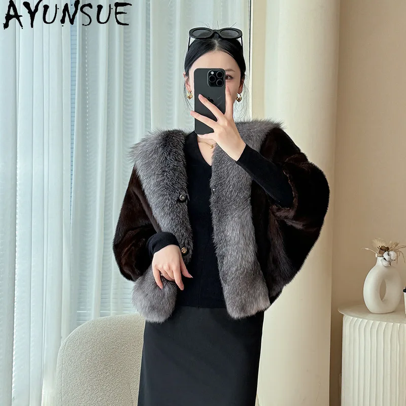 AYUNSUE Naturalna Kurtka z Futra Norki Damska Kołnierz z Futra Lisa Prawdziwe Futro Kurtki dla Kobiet Odzież Wysokiej Jakości Cała Norka Шуба Женская