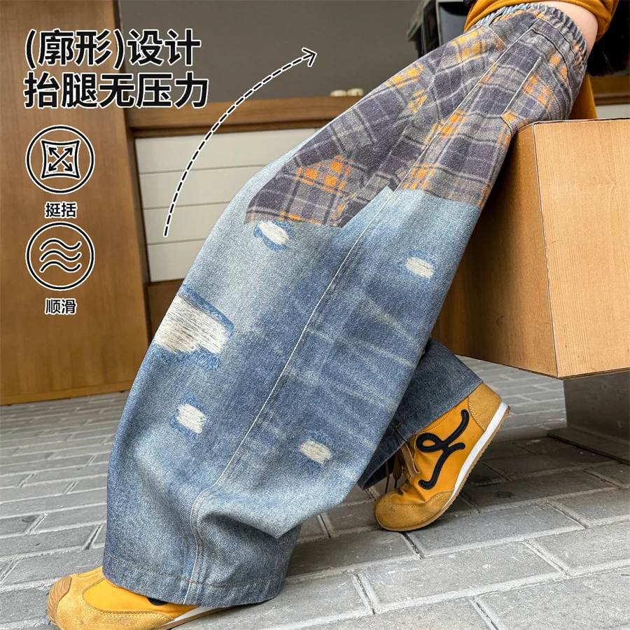 

Loose Style Child High Jazz Hip Hop Street Dance Jeans with Print for Teen Girl Fashion Hiphop Denim Pants Kids Stage Trousers