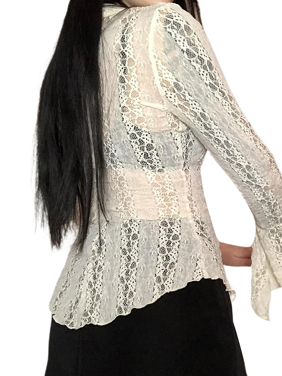 

CHQCDarlys Women s Y2K Button Down Shirt Blouses Long Sleeve See Through Lace Patchwork Top Vintage E-Girl Shirts