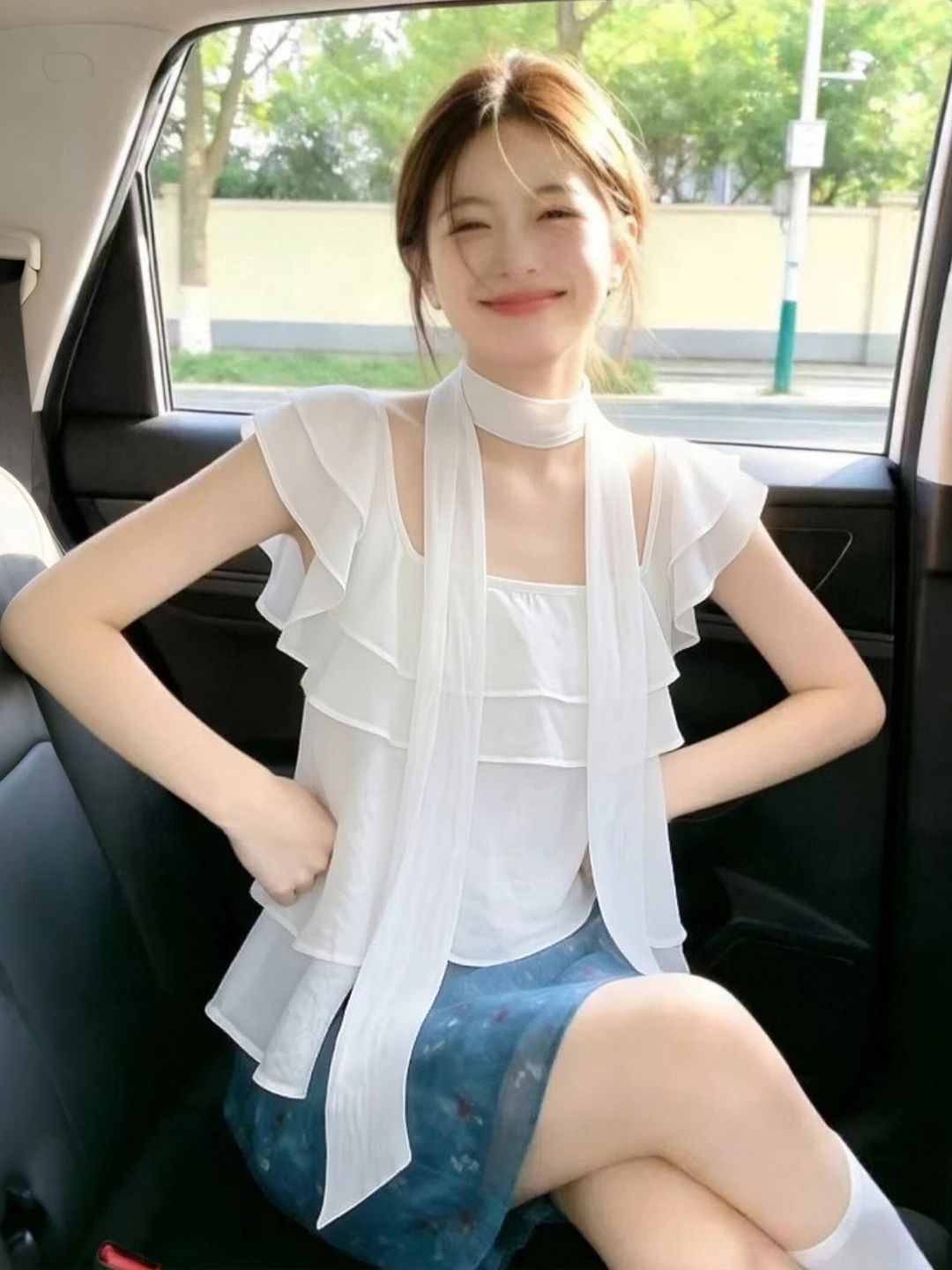 

Korean Style Square Collar Shirt Women's Summer Slim Fit Fly Sleeve Top Design Sense Hanging Neck Sash Fashionable Ladies' Sm...