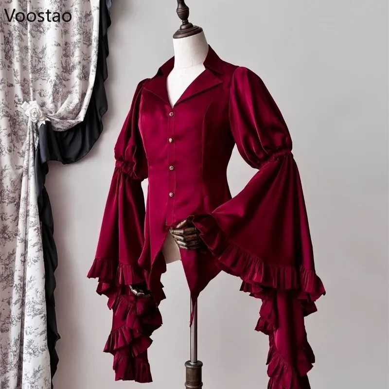 Victorian Vintage Lolita Shirts Casual Women Elegant Gothic Flare Sleeve Blouses Sweet Female Y2k Aesthetic Retro Tops Blusas