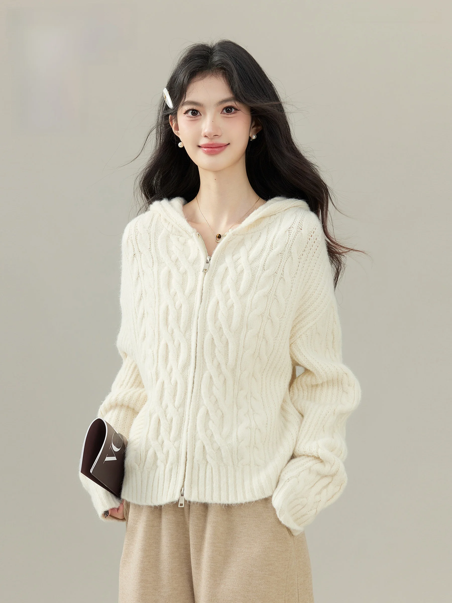 

Lingjiu Cloud Soft Knitted Zipper Hoodie Women's Autumn Winter Small Size Casual Sle Long Sve Sweater Coat