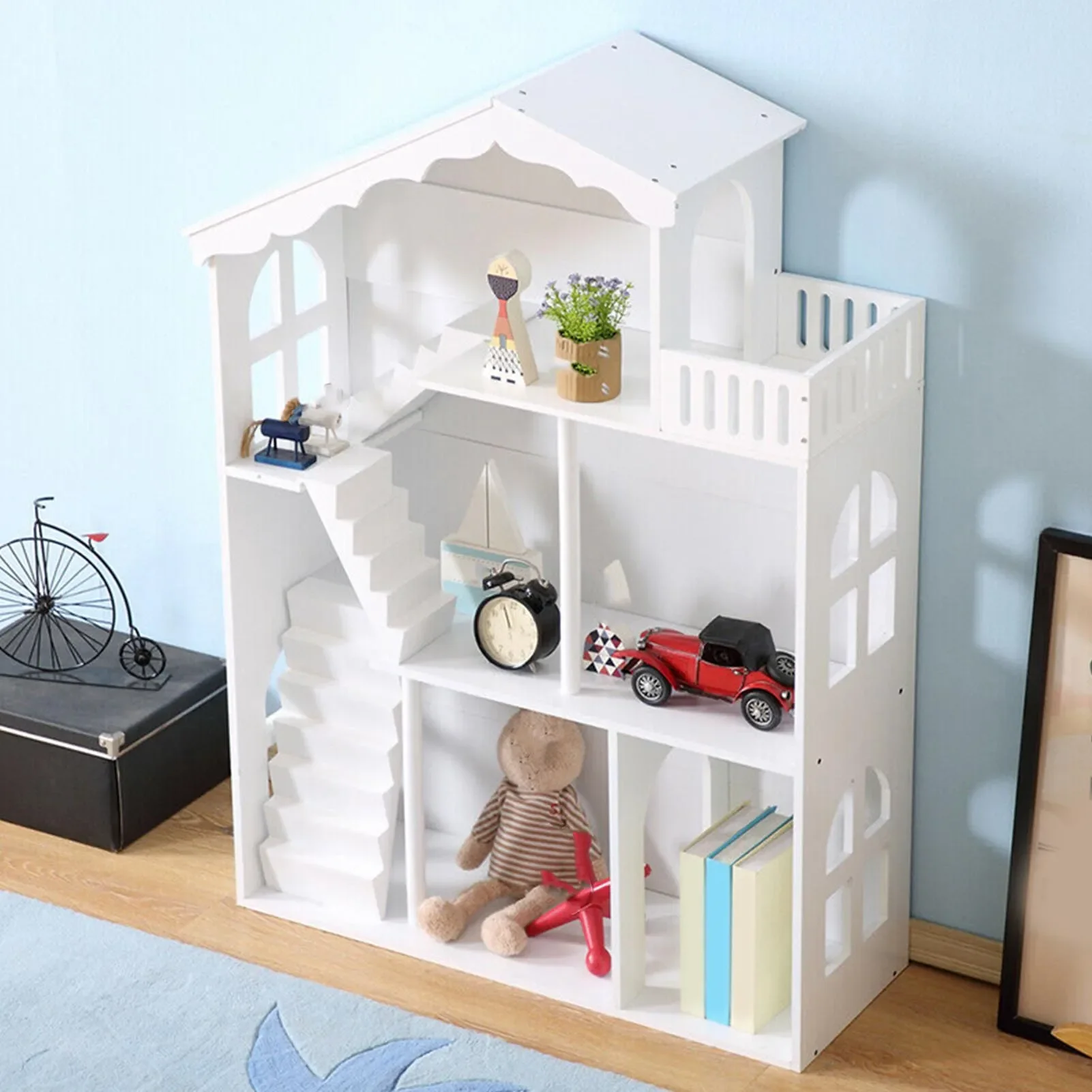 

3-х уровневая деревянная книжная полка для кукольного домика для детей в возрасте от 3 лет — открытый дизайн, многофункциональная и сертифицированная ASTM