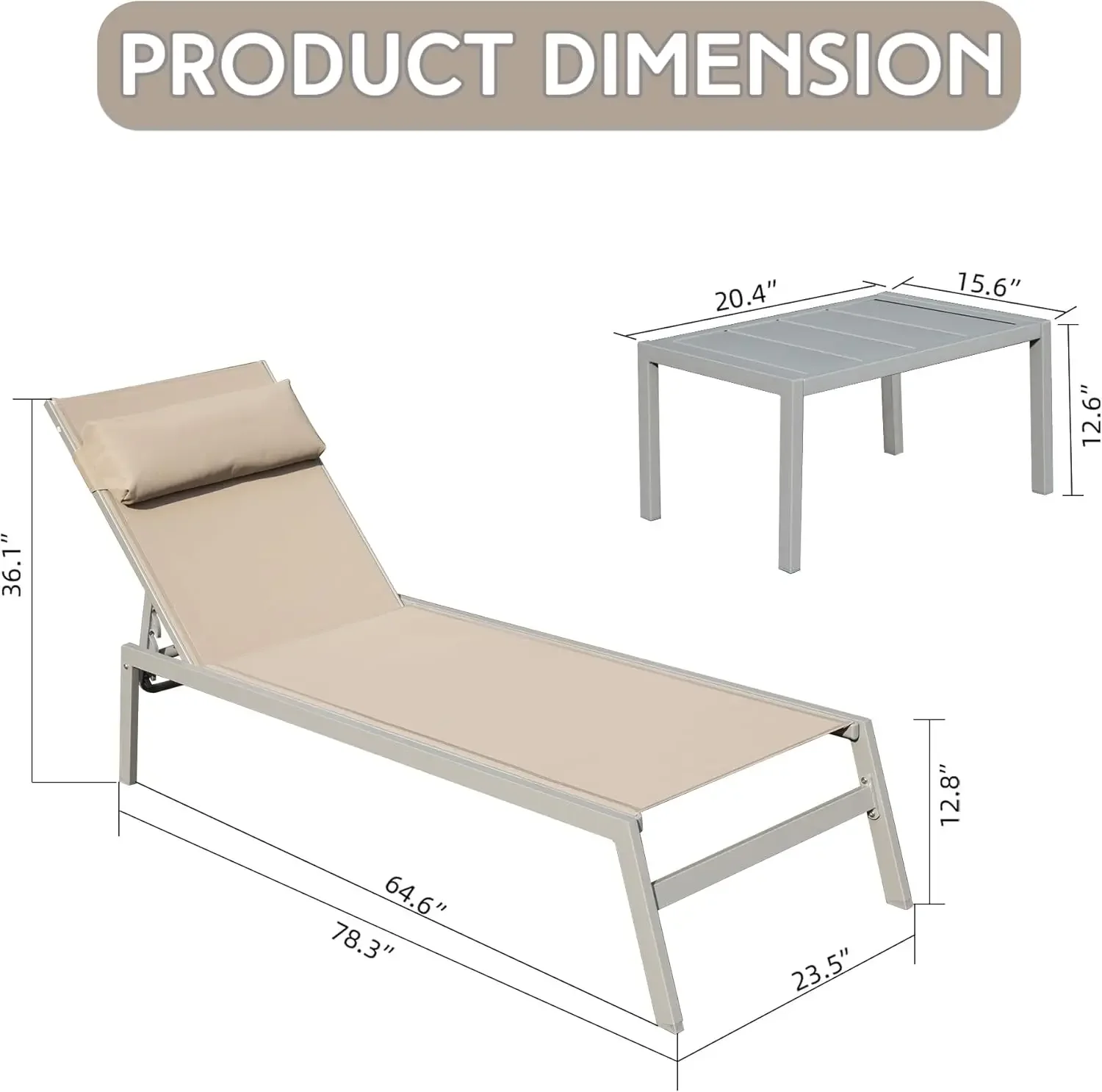 Aluminum Pool Lounge Chairs with Side Table, Outdoor Adjustable Recliner All Weather for Poolside, Beach, Yard, Balcony (Khaki)