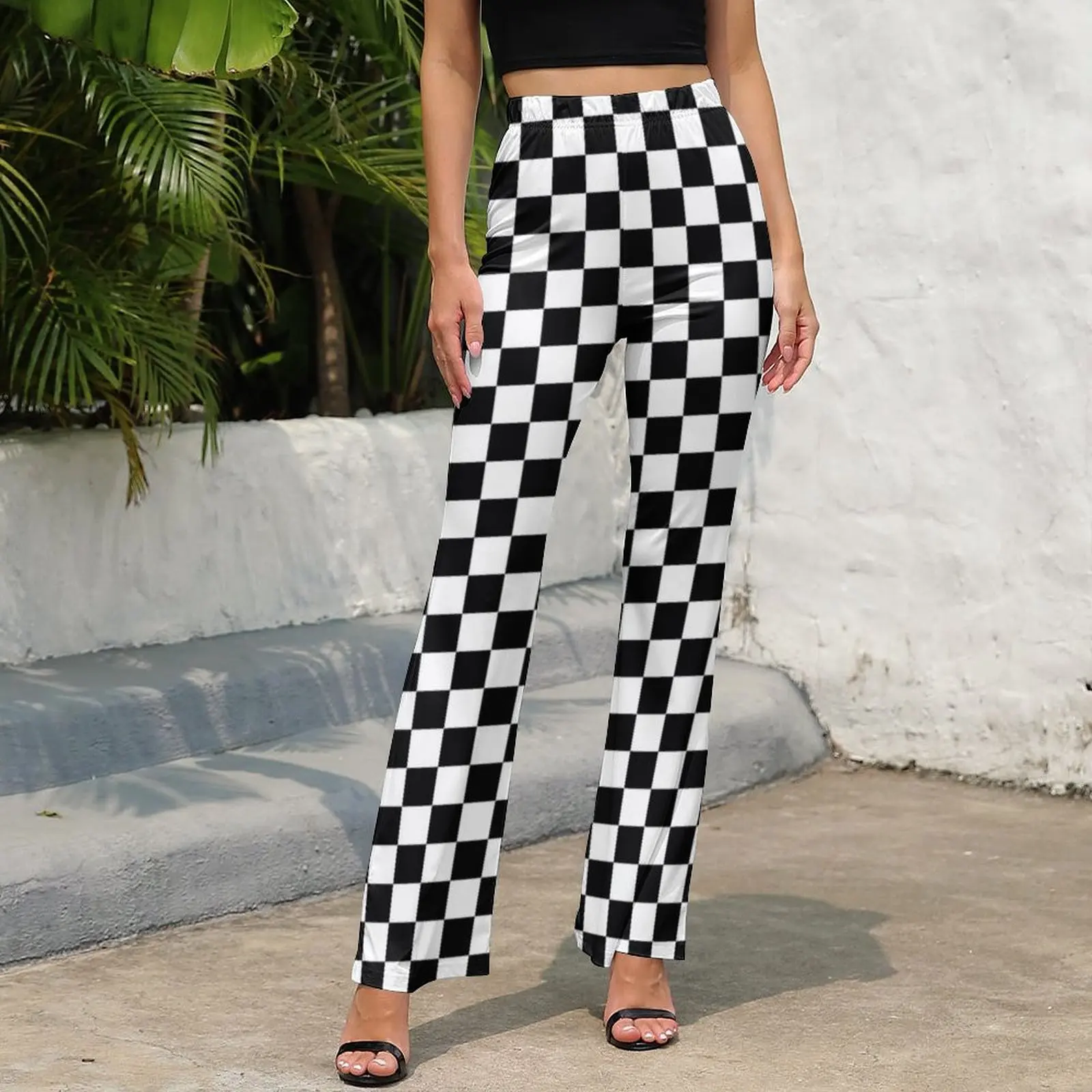 Vintage Plaid Pants Black White Checkered Kawaii Flared Trousers Summer Womens Printed Aesthetic Slim Pants