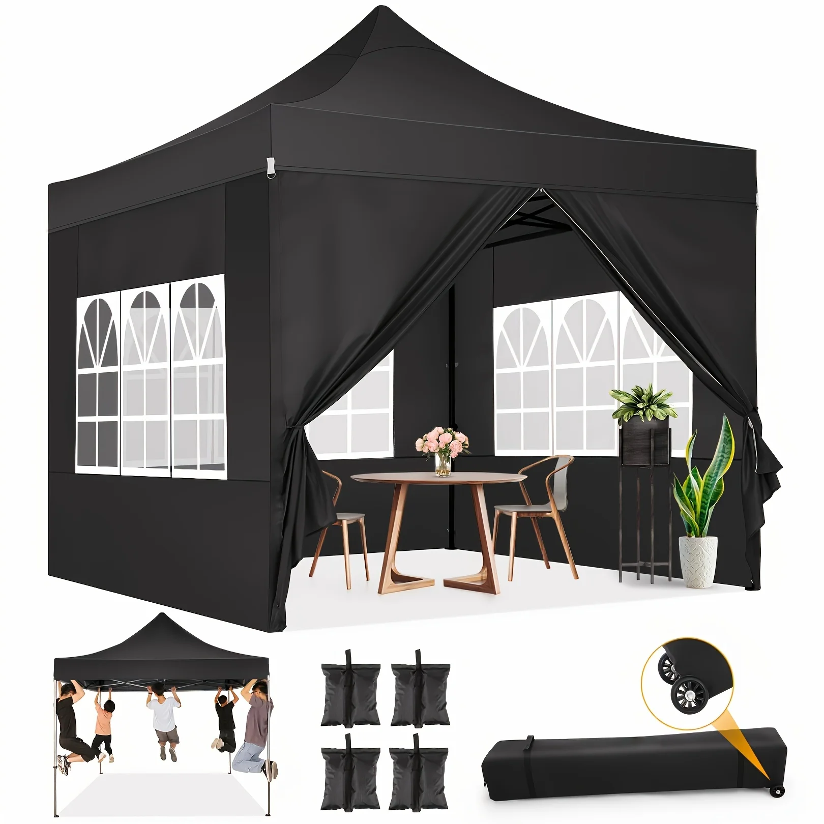 10x10FT Pop Up Canopy Tent with 4 Sidewalls Heavy Duty Commercial Party Tent UPF 50+ Sun Shade Waterproof Outdoor Gazebo Windproof Event Shelter w/ Roller Bag