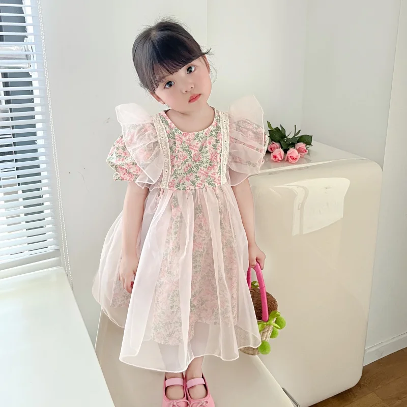 Summer New Girls Princess Dress Floral Bubble Sleeve Dresses Kids Party Wedding Birthday Tutu Gown Children Clothing