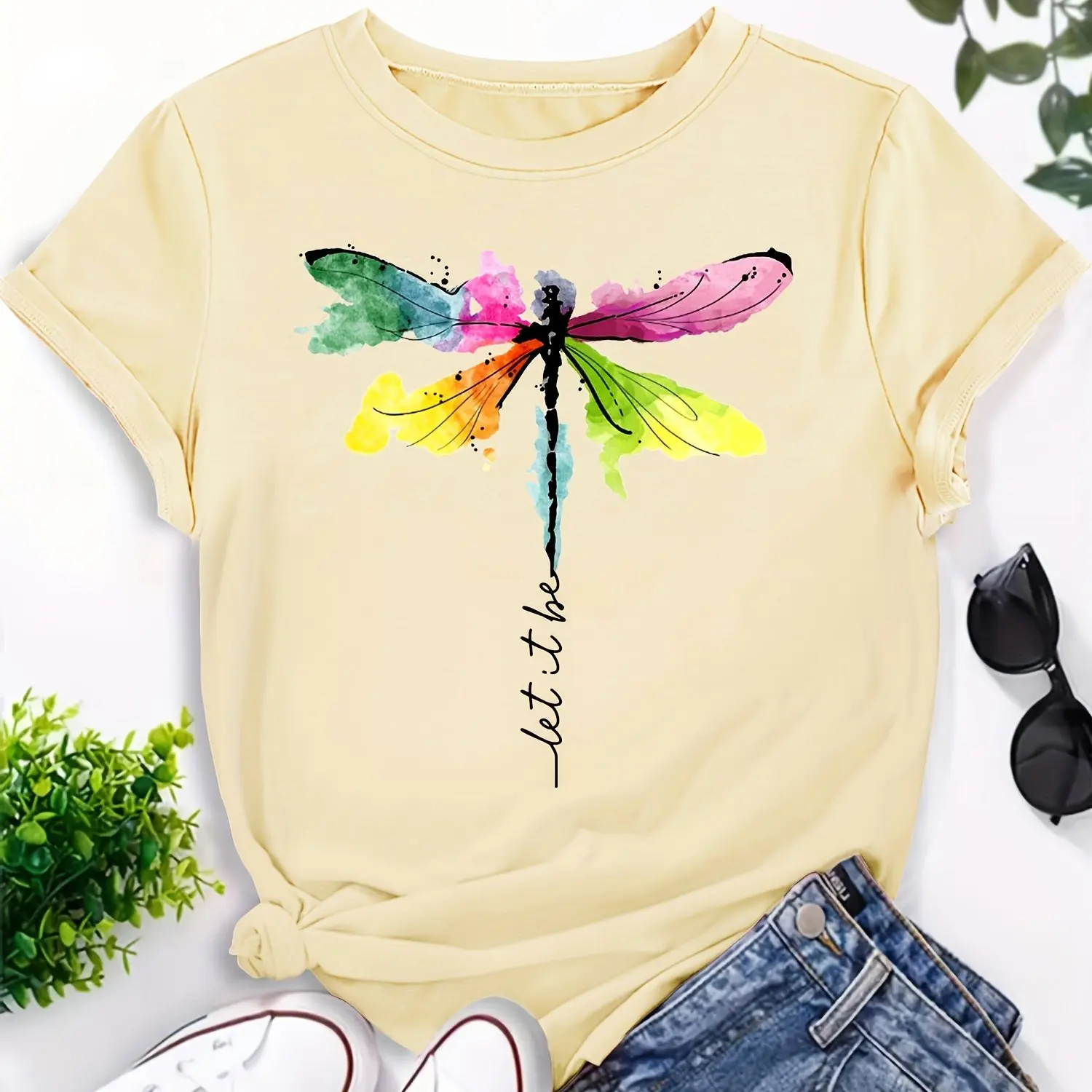 Dragonfly Print Crew Neck T-Shirt Casual Short Sleeve T-Shirt For Spring & Summer Women's Clothing casual basics O-collar tshirt