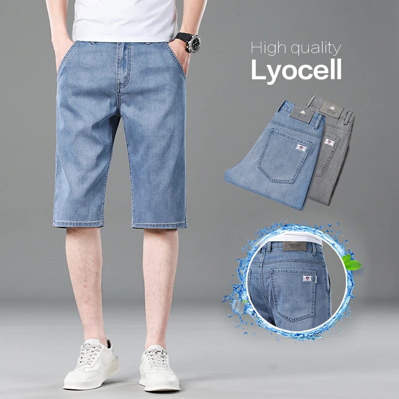 

Brand Clothing Men's Summer Denim Shorts Cooling Lyocell Fabric Loose Fit Straight Leg Cargo Casual Beach Jeans Pants Short Male