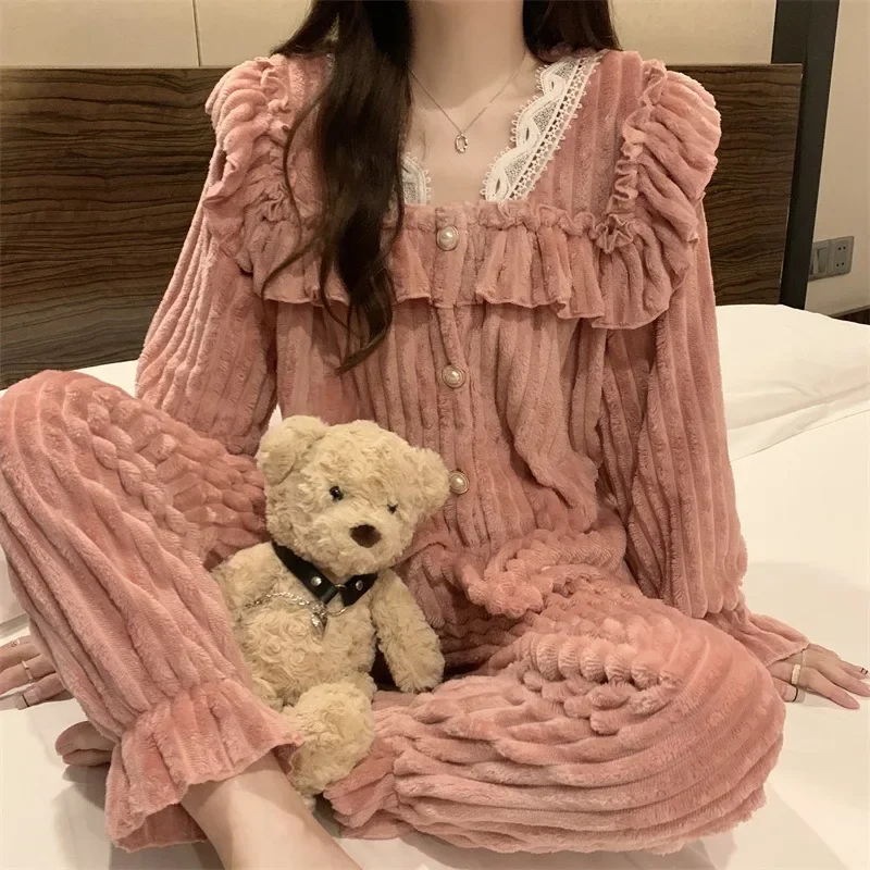 2024 New Autumn Pajamas Set Women\'s Coral Flannel Winter Two-piece Set Comfort Thickened Flannel Coral Velvet Homewear Suit