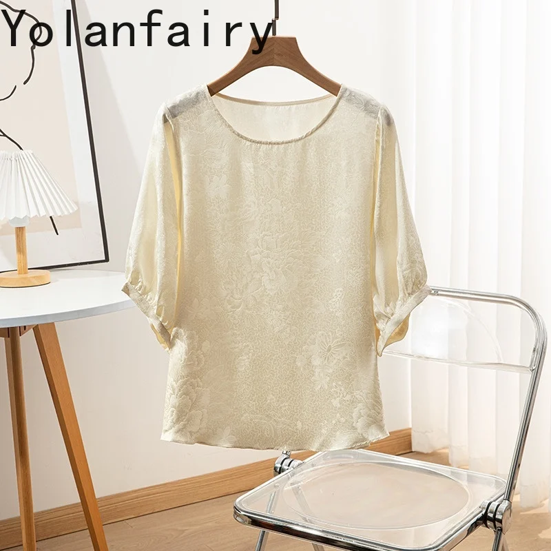 YOLANFAIRY 100% Real Mulberry Silk Woman T-shirt 2025 Casual O-neck T Shirt Dames Summer Top Fashion Tshirts Tee Shirt Femme