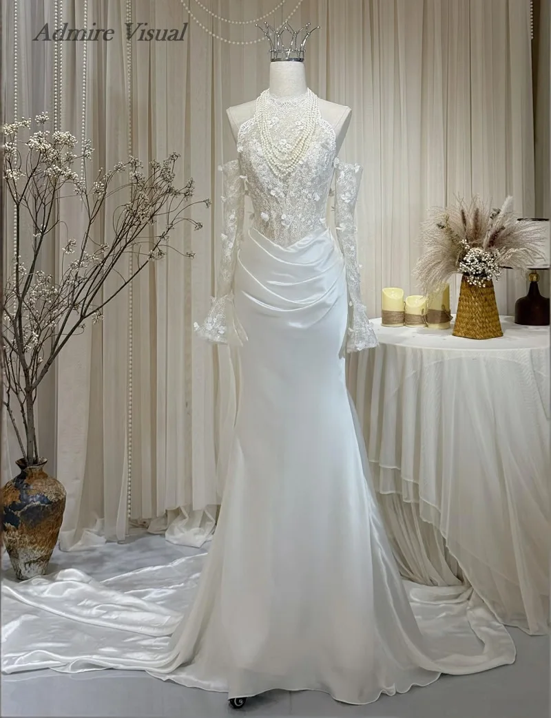 Admire Visual Wedding Dress Mermaid Elegant Halter Neckline With Detachable Sleeves Basque Customized Bride Gowns
