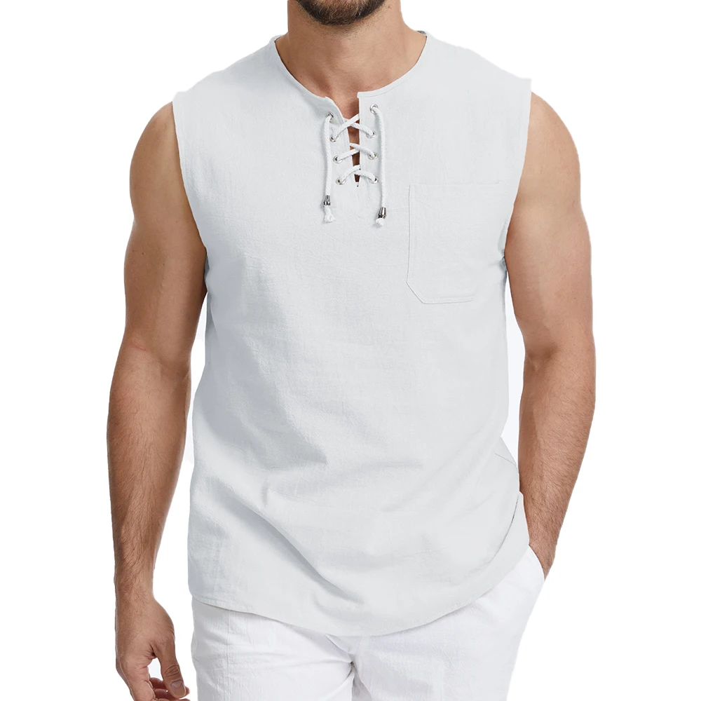 Men's Cotton Linen Tank Tops Breathable Lightweight Cozy Sleeveless T-shirt V-neck Stylish Solid Color Simple Style Summer Tees