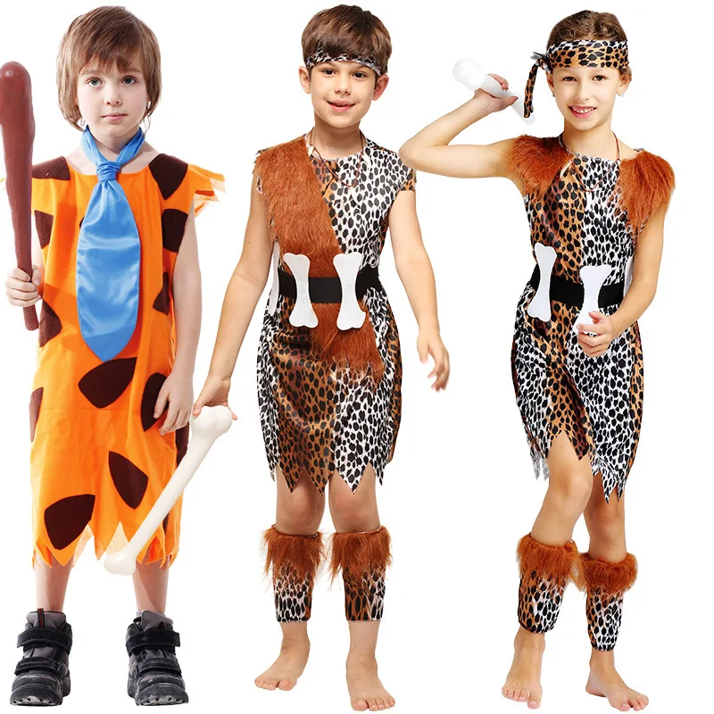 Costume de cosplay d'homme primitif indien pour enfants, robe de soirée, léopard, viking, sauvage, ensemble trempé de scène, Halloween, garçons, filles