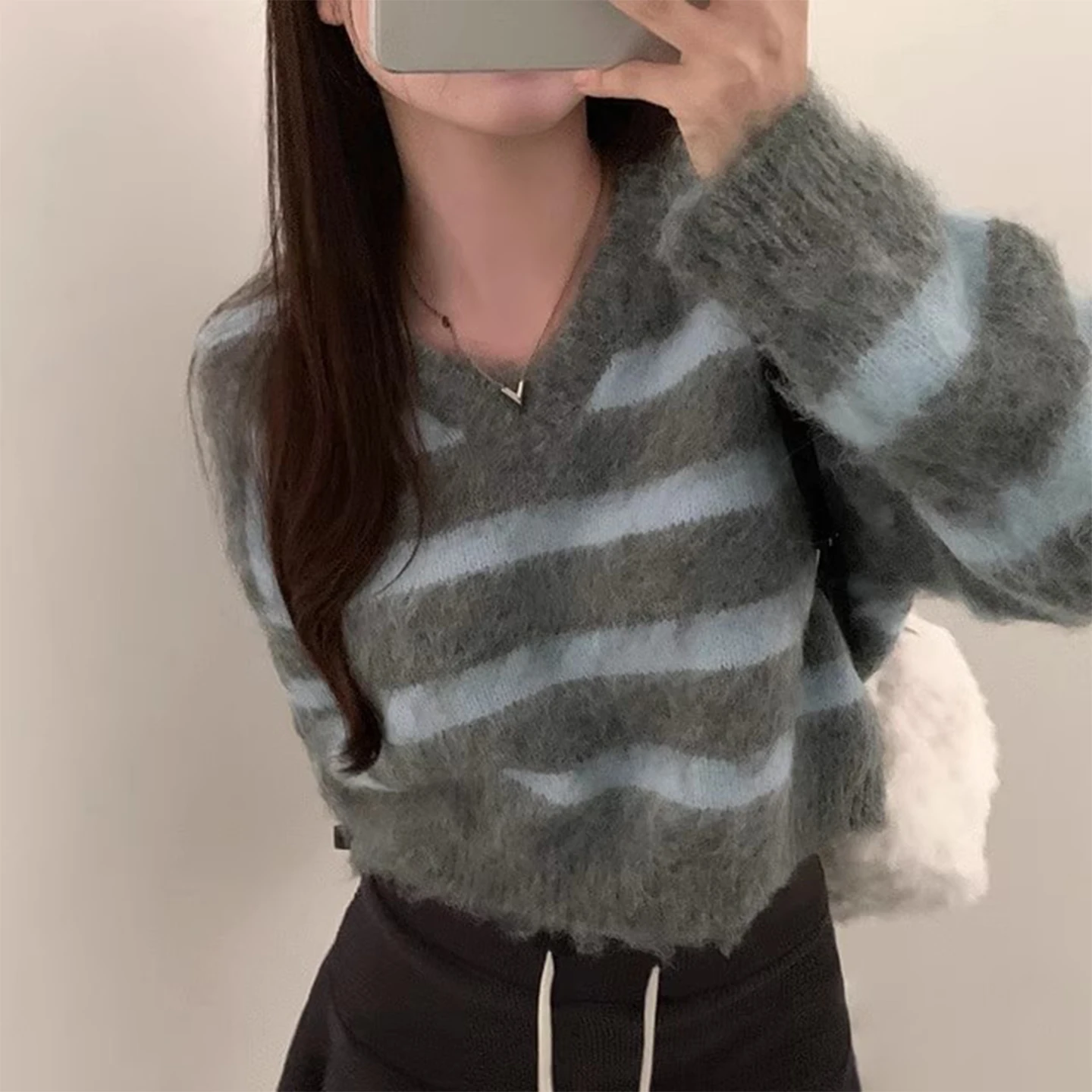 

Retro Plu Color Blo Stripe V Ne Knitted Sweater Women's Autumn Winter ort Base Layer irt Nylon Polyester Fiber