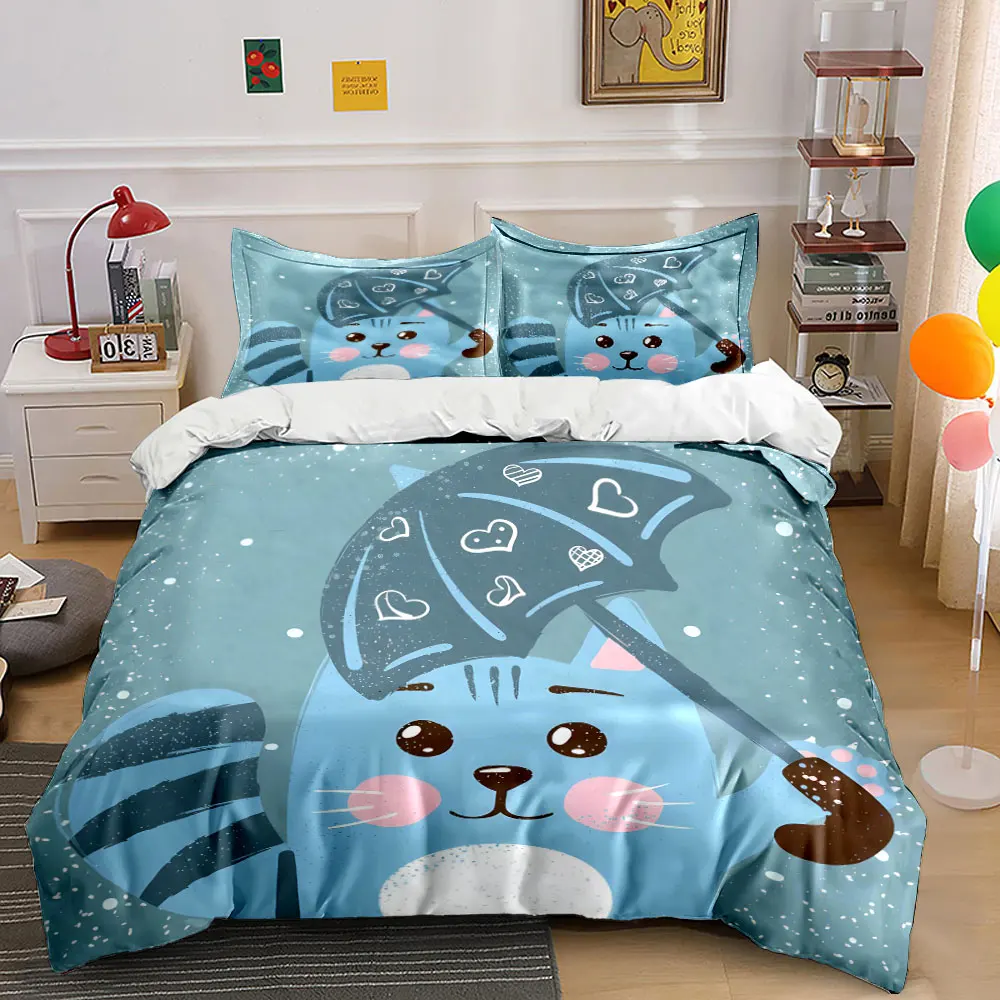

Blue cat with heart umbrella Print Soft Comfortable Duvet Cover Bedding Set Included 1*Duvet Cover 2*Pillowcases