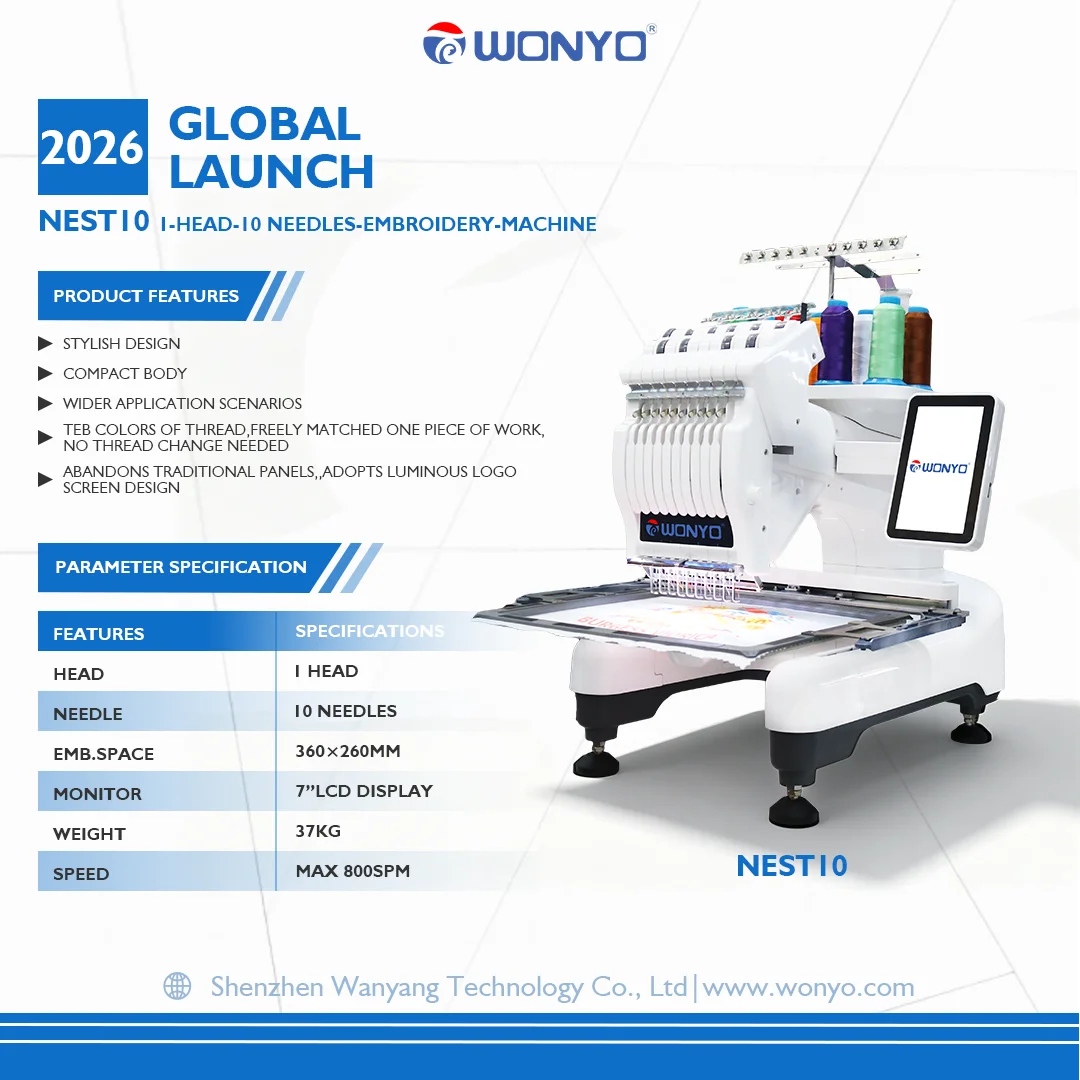 China WONYO 2026 New Model Single Head 10 Needles Portable Computerized T-shirt Flat Embroidery Machine for Home Use