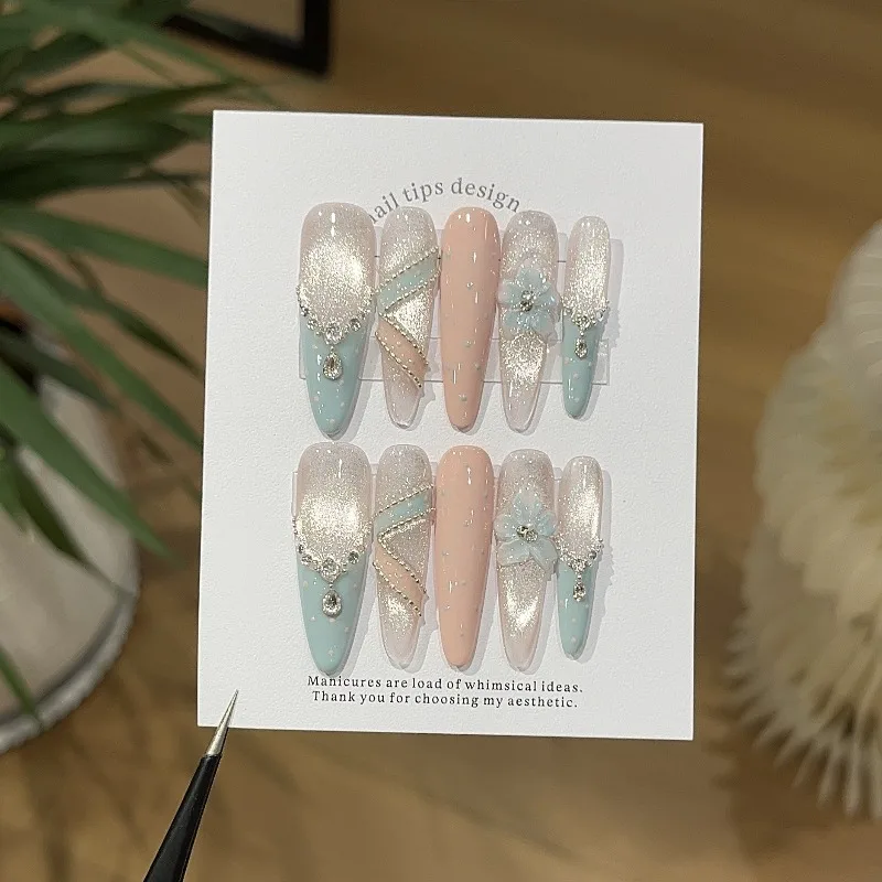 

10PCS Thin Stiletto Press on Nails Handmade Ice Blue 3D Carved Flowers French False Nails Luxury Pink Ribbon Chain Wearable Nail