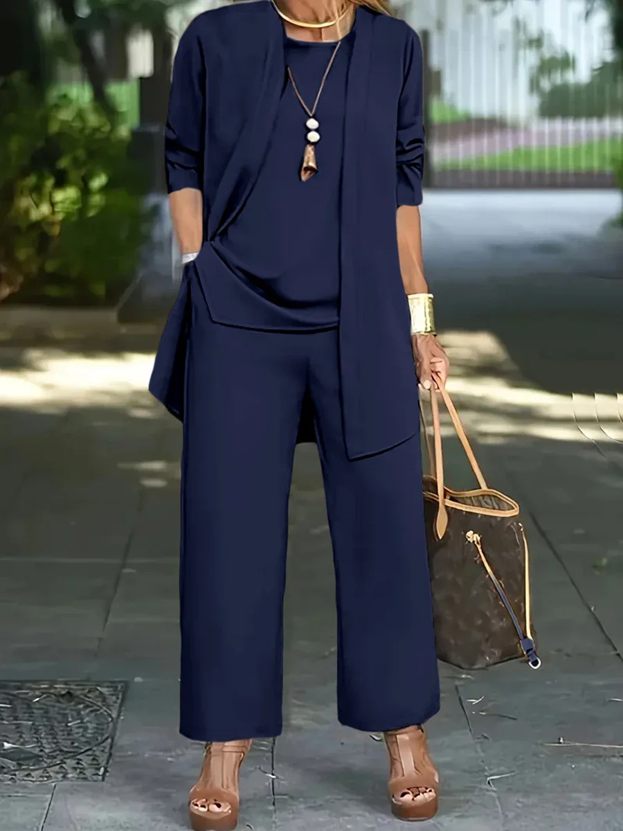 2026 Women 3 Piece Set Solid Long Sleeve Cardigan Top Wide Leg Pants Suit Elegant Office Lady Casual Autumn Fashion Wear view 5