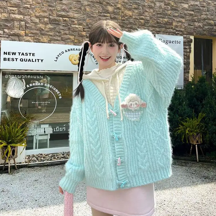 

Korejpaa Sweet Knitted Cardigan 2024 Autumn Winter Cartoon Gentle Sweater Coat Outwear Korean Fashion Warm Cardigans Top