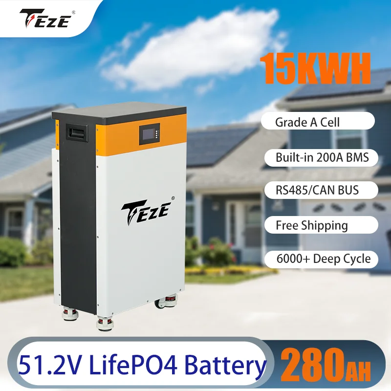 TEZE 15KWH Powerwall 51.2V 300Ah LiFePO4 Battery Built-in 200A Smart BMS RS485/CAN 6000 Cycles Large Power Home Solar Storage