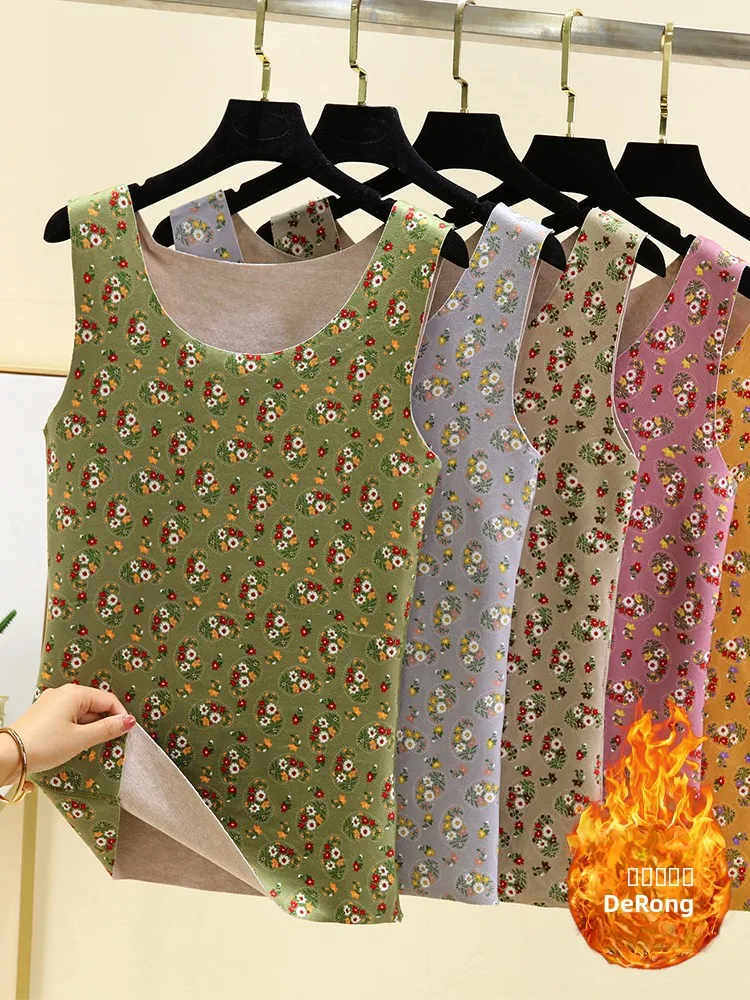 

Double-Sided Fce Lined Sl Warm Vest Autumn Winter round Ne Floral Embellied Svel Large Size Underwear Top