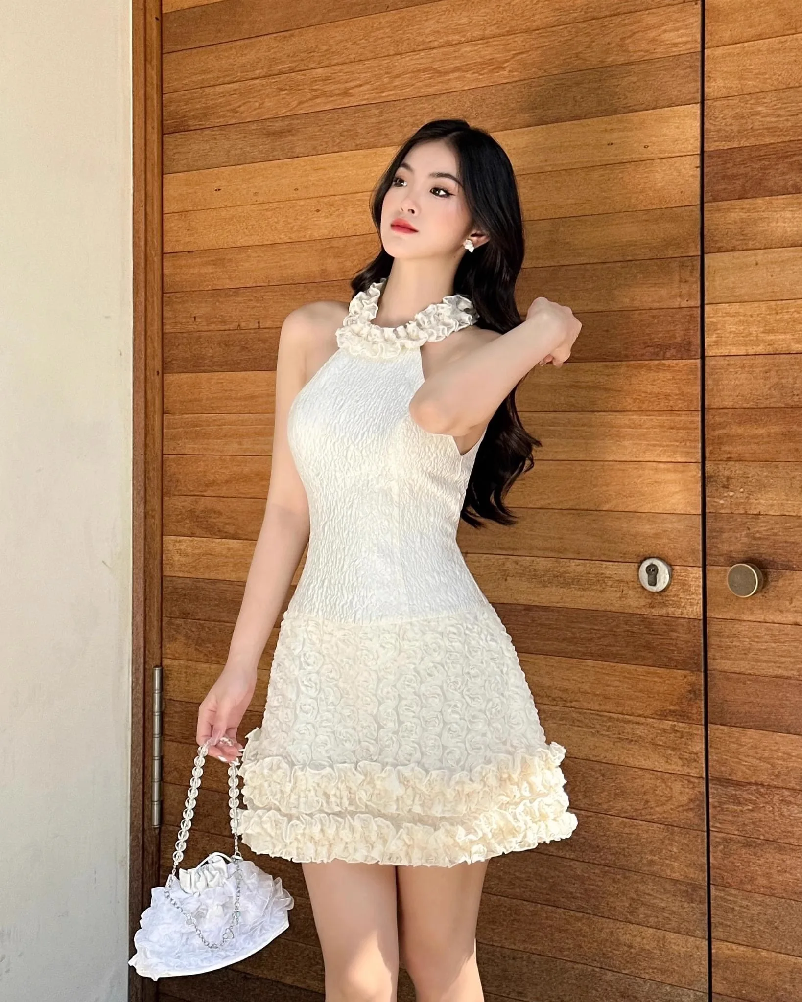 French Romantic Hanging Neck Dress for Women Floral Ruffles Design Sleeveless Waist Cinched Slim A-Line Mini Dresses Summer New