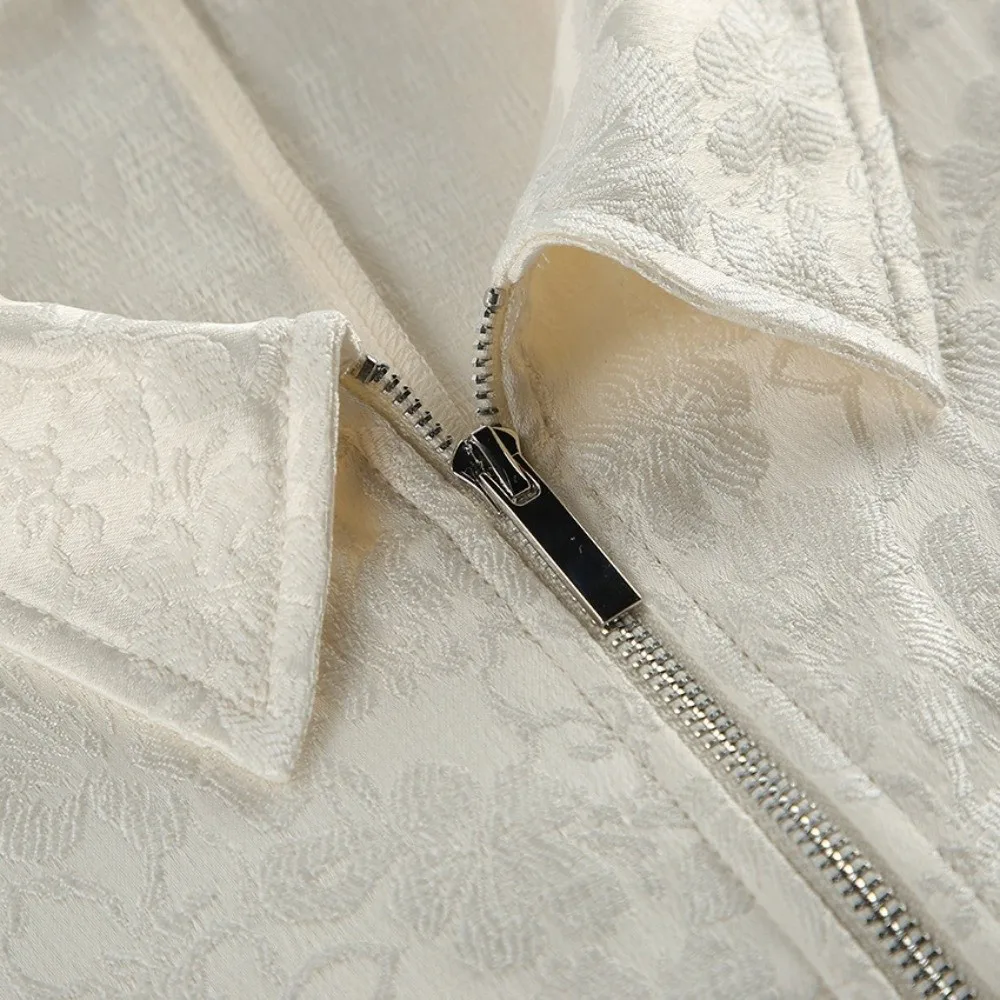 Casual Solid Color Women Jacket Zip Up Drawstring Waist Cropped Coat Jacquard Texture Peplum Hem Casual Outerwear Daily Wear
