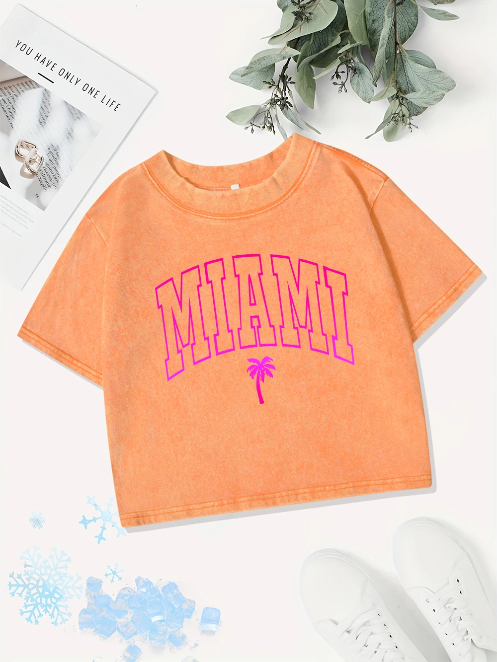 Straße Baumwolle Crop Tops Frauen Miami Brief Druck Gewaschene T-Shirts Sexy Oansatz Regular Fit Streetwear Casual Damen Kleidung