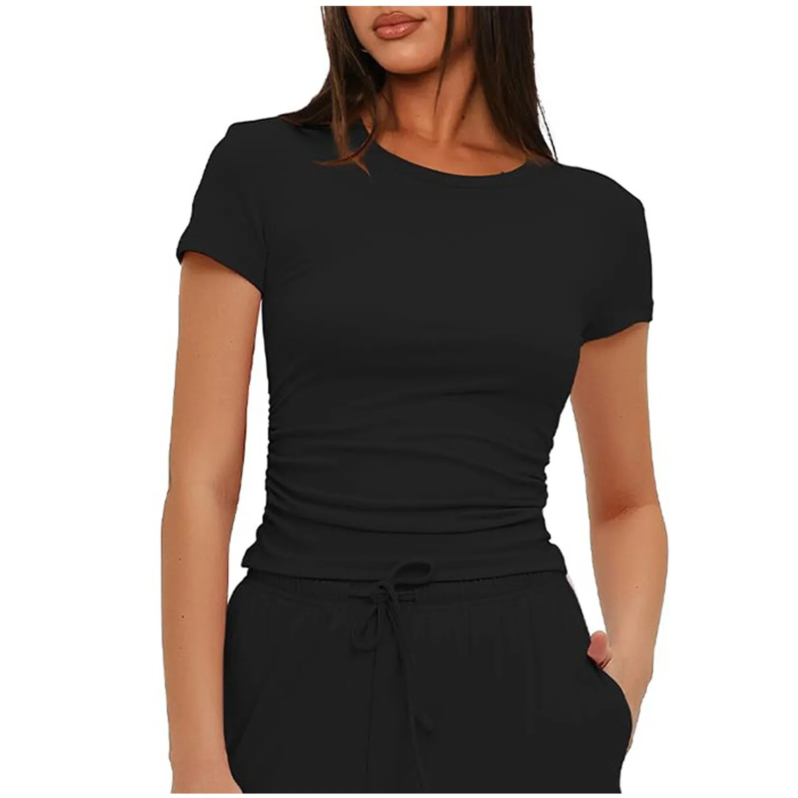 ملابس علوية نسائية قصيرة الأكمام بكشكشة ، بدلة رياضية كاجوال يومية ، تي شيرت مطابق بقصة ضيقة ، أحادي اللون ، مطابق ، صيفي ، كلاسيكي