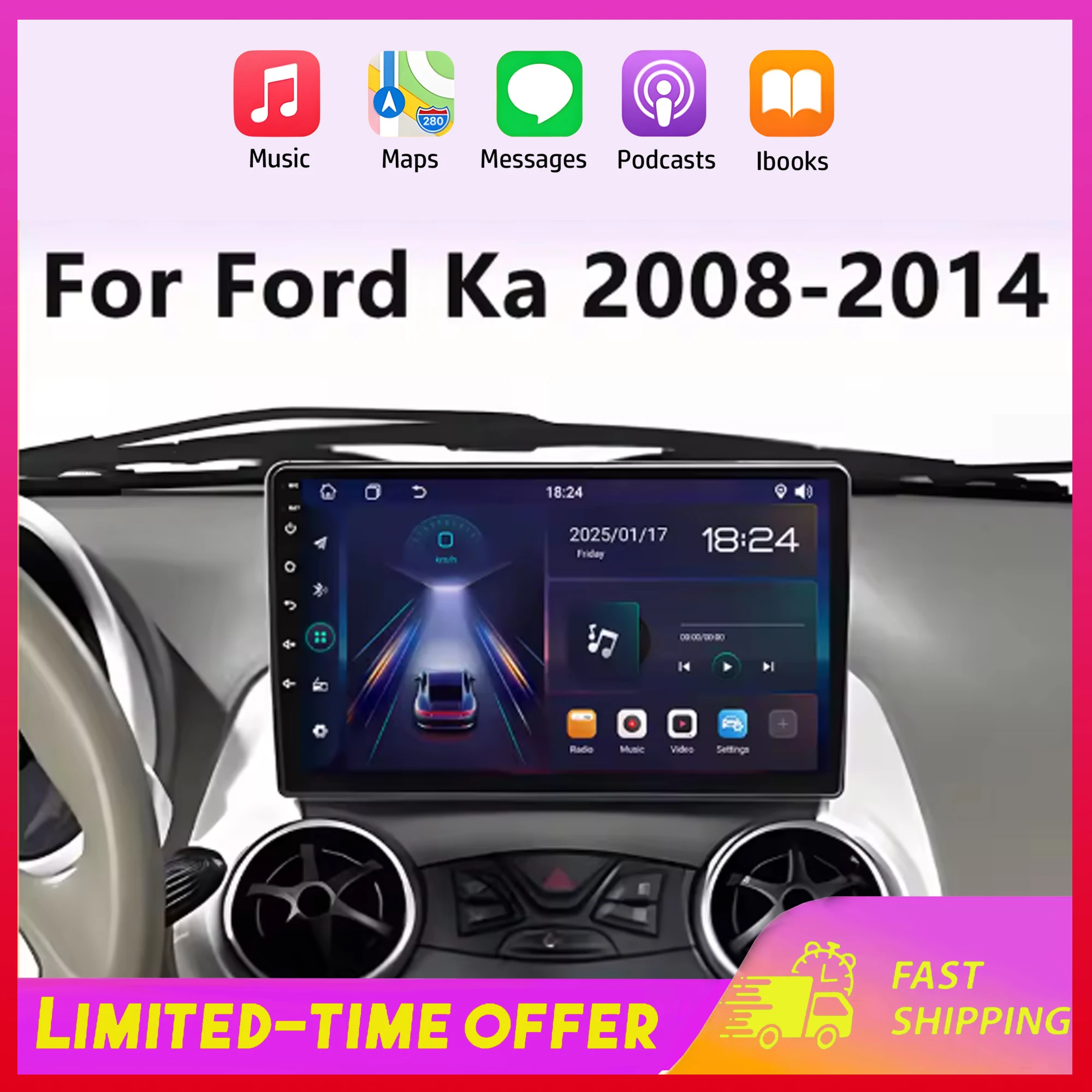 Android autoradio voor Ford Ka 2008 - 2014 Ingebouwde draadloze Carplay GPS navigatie Auto multimediaspeler 4+64G Accessoires - afbeelding 1