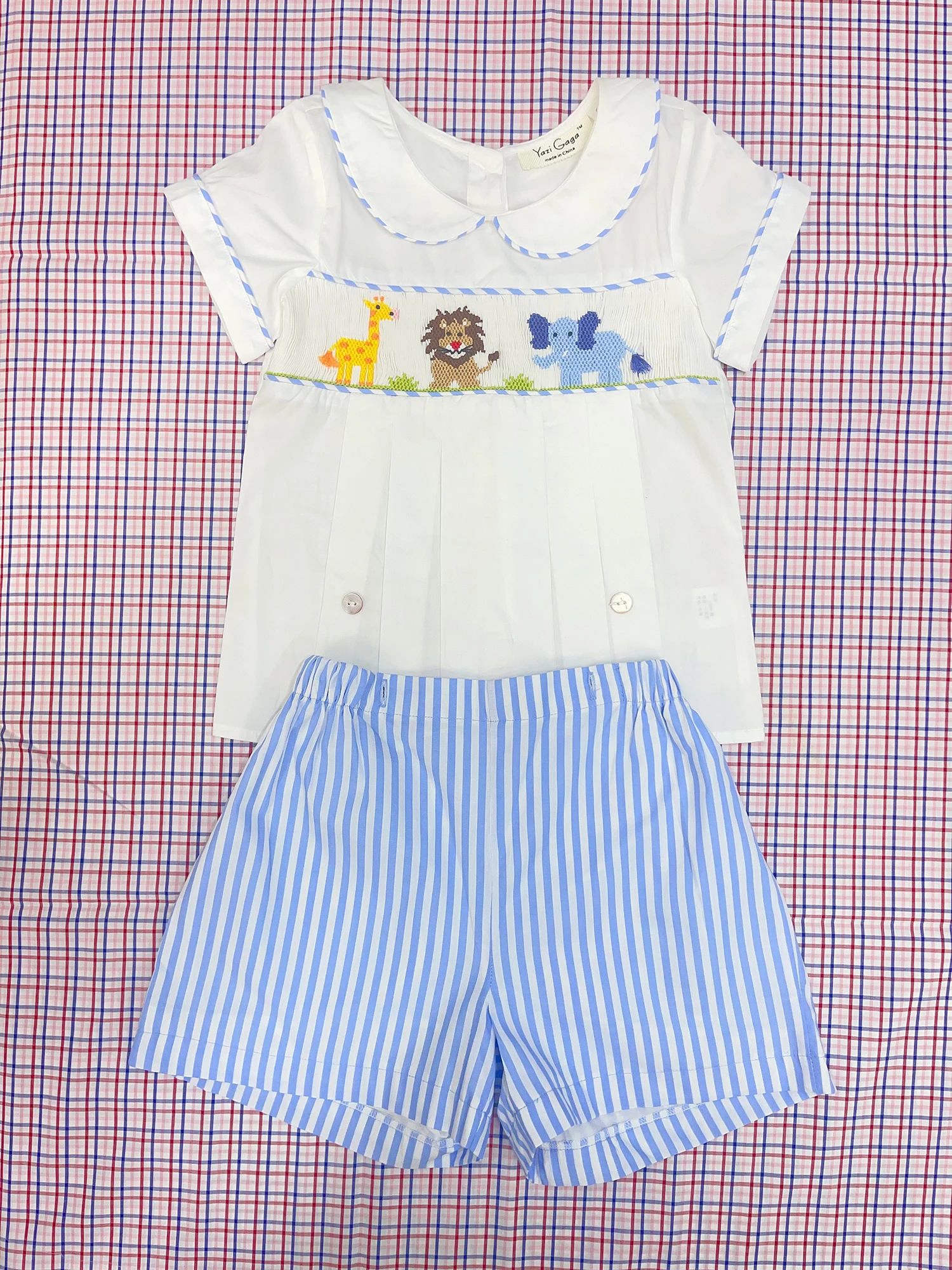 男の子用zoomocingセット、純綿、青のストライプ、半袖 - Baby Zoo Clothing のレビューと価格