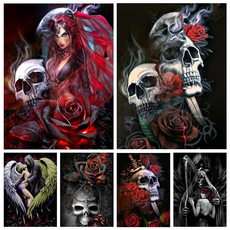 

Gothic Horror Death Skull And Rose Girl Diamond Painting Art Grim Reaper Picture Full Square Embroidery Cross Stitch Home Decor