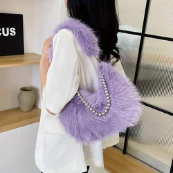 Luxurious Faux Fur Shoulder Bag - Chic, Trendy Underarm Purse with Pearl Chain Strap, Polyester Lined Interior