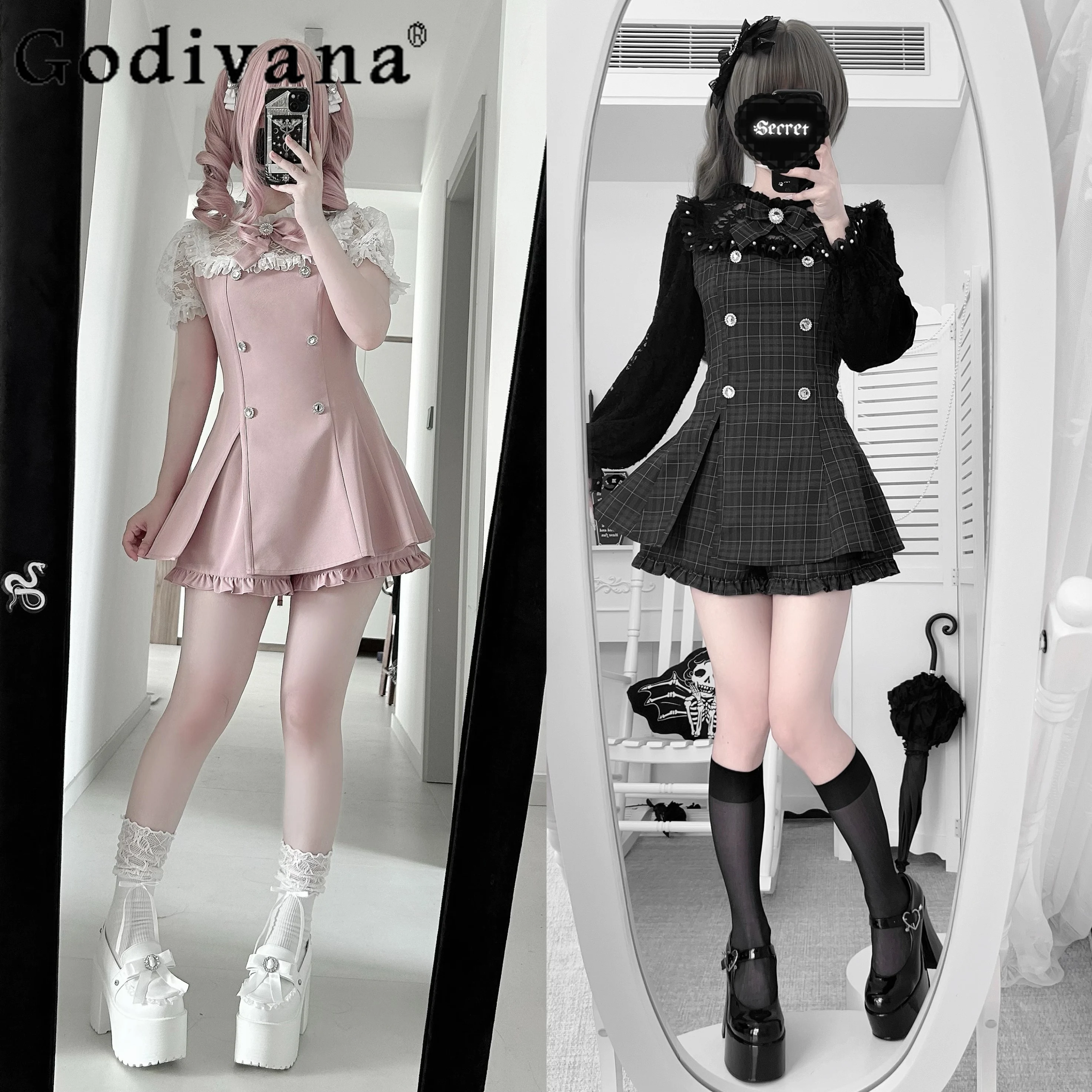 

Subculture, японское кружевное платье с рукавами, шорты, комплект из 2 предметов, весенне-осенний новый облегающий наряд для девочек, милое милое платье с бантом, шорты, наряд