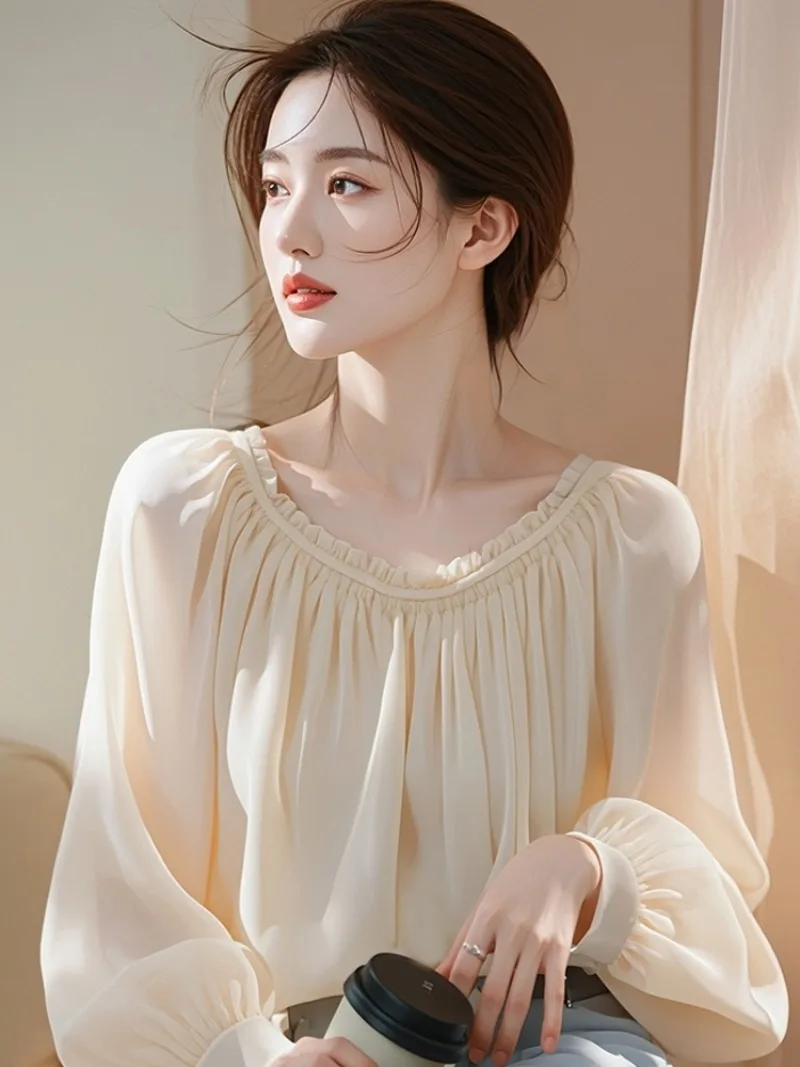 Chemisiers Vintage pour femmes, couleur unie, chemises décontractées, mode ample, vêtements coréens d'été, manches longues, col en v, hauts en mousseline de soie pour femmes