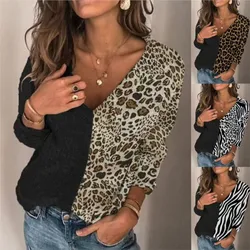 Elegant Blouses Fall Winter Women's Casual Loose Fashion Long-sleeve Leopard Print Pullover V-neck Knitted Spliced Women Shirts