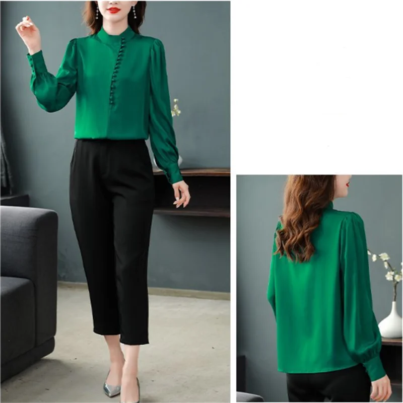Silk Blouse Women Shirt Chinese Style Button Up Top Casual Woman Blous Retro Plate Buckle Shirt Stand Collar Loose Female Shirt